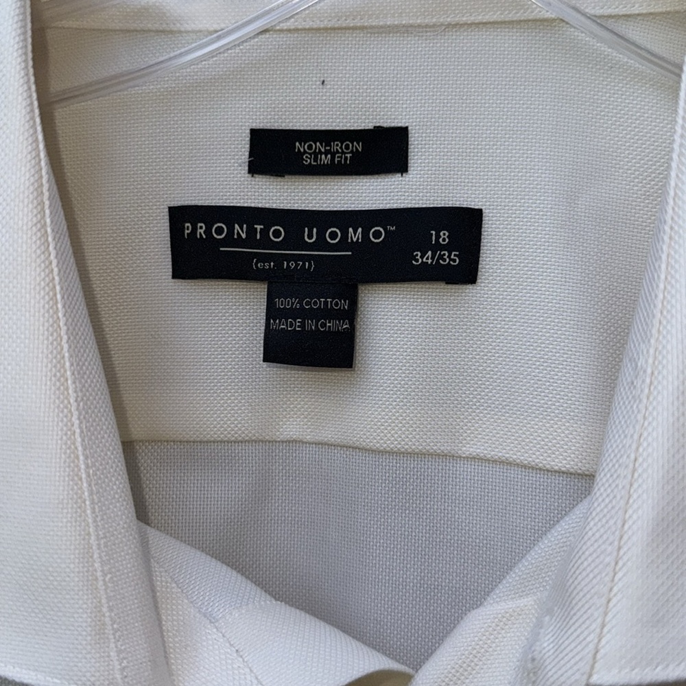 Pronti Uomo Slim Fit white off Men Dress Shirt Long Sleeves Size 18 34/35 - Picture 3 of 4